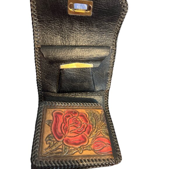 Vintage Handmade Tooled Leather Wallet Rose Design Snap Closure Lucille 5" x 4" - Picture 4 of 7